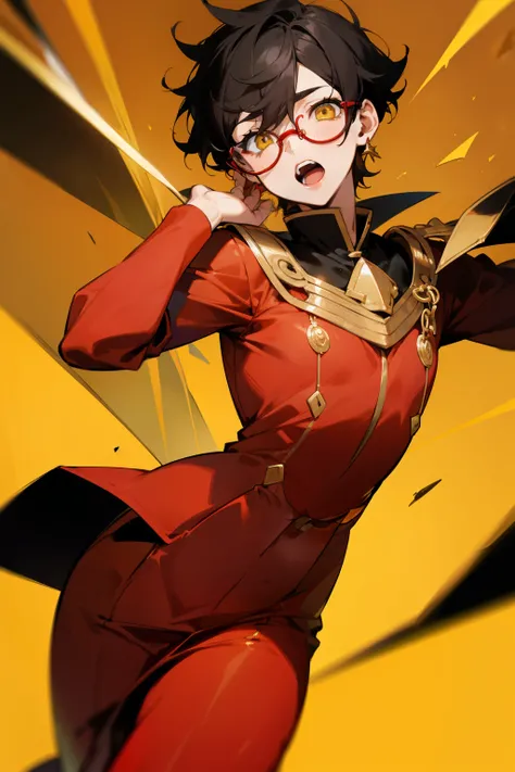 Cute boy, black hair, yellow eyes, glasses, red cheeks, open mouth, gold earrings, tight red dress