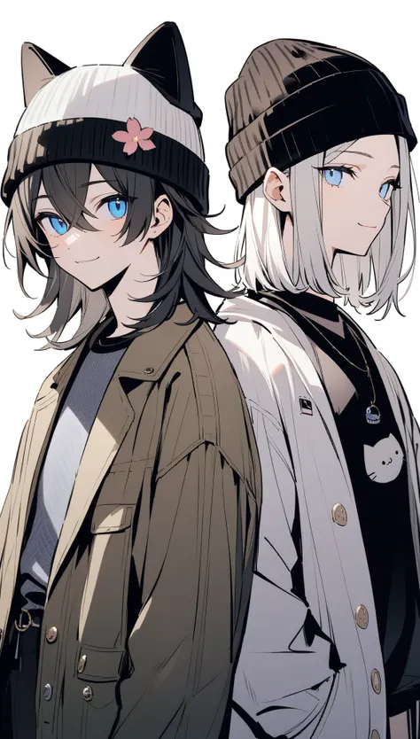 {{masterpiece}}, ,Attention to detail、Medium Hair、One Boy、good looking、1、Bangs parted to the left and right、((Perfect Eyes)),((White background)),from front、smile、Cowboy Shot、Cat ear knit hat、Contemporary Fashion、spring