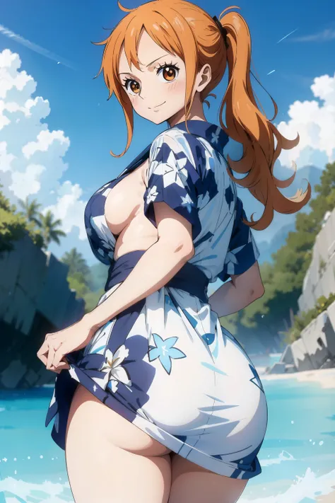 nami from one piece, BEGGING TO BE FUCKED, LEWD, THICC ASS, Outdoors, ((wearing wet yukata and showing PERFECT ASS)), PERFECT BOOBS, WEARING WET YUKATA, ((Dynamic angles)), good anatomy, masterpiece, best quality, 4k, 8k, professional photography, soft lig...