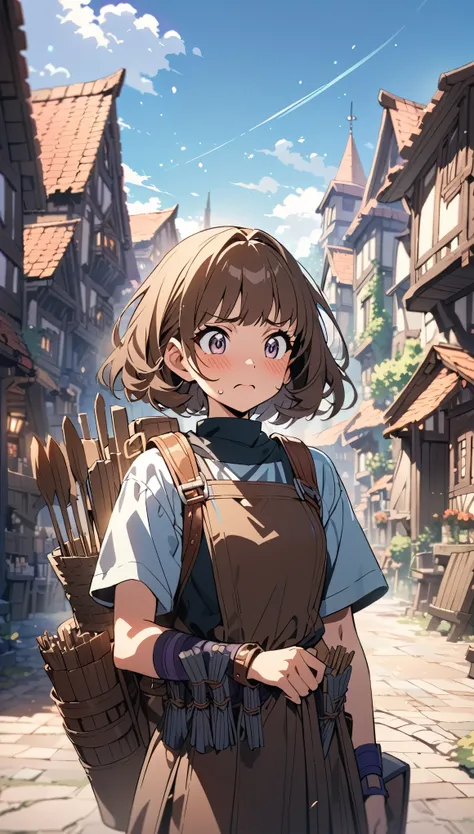 masterpiece, highest quality, ultra detailed, dark 90s anime, cute girl, european woman, brown hair, short hair, bangs, nervous expression, squire clothing, quiver on back, cinematic lighting, fantasy setting, village background