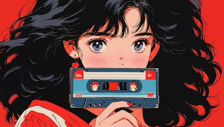 90s anime style, 1990s style, clear, 1980s style, (red cheeks:1.7), best quality, 8k, 1 female, only, lofi girl, lofi art, low-f...