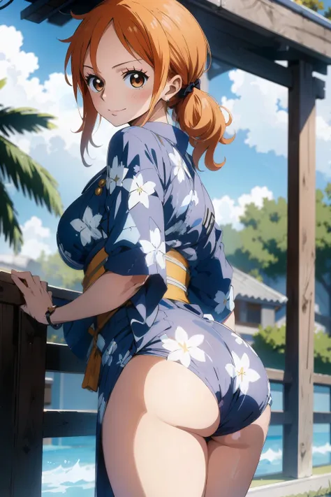 nami from one piece, BEGGING TO BE FUCKED, LEWD, THICC ASS, Outdoors, ((wearing wet yukata and showing PERFECT ASS)), PERFECT BOOBS, WEARING WET YUKATA, ((Dynamic angles)), good anatomy, masterpiece, best quality, 4k, 8k, professional photography, soft lig...