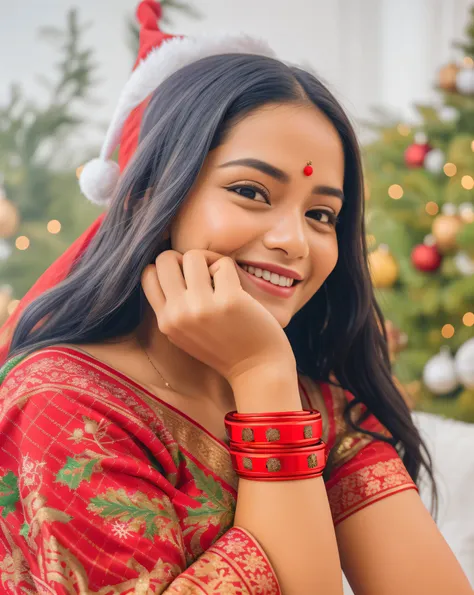 smiling woman in red sari with red bracelet and red bracelet, assamese aesthetic, with accurate face, traditional beauty, assame...