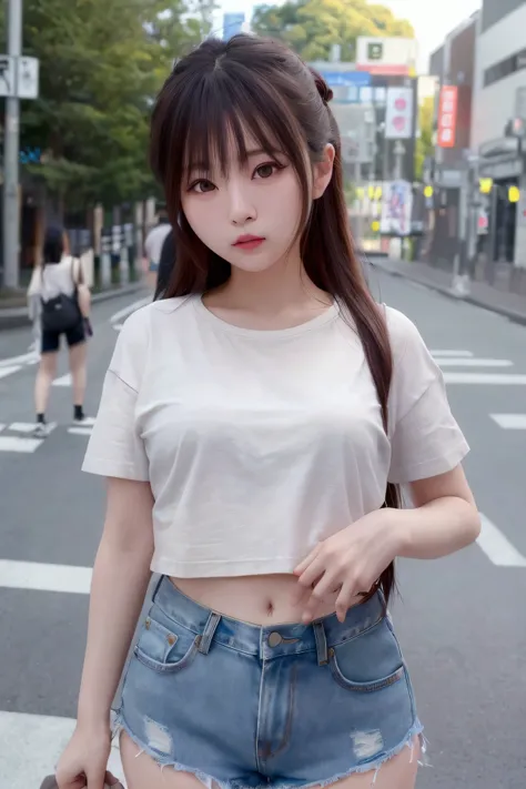 (8k、RAW Photos、Best Quality、masterpiece:1.2)、(Genuine、フォトGenuine:1.4)、(High definition 8K wallpapers)、Sharp focus、Written boundary depth,Blur the background,Bokeh,Cinema Lighting,Soft Light、whole body、2 Japanese woman、Standing in the street　Denim shorts　T-...