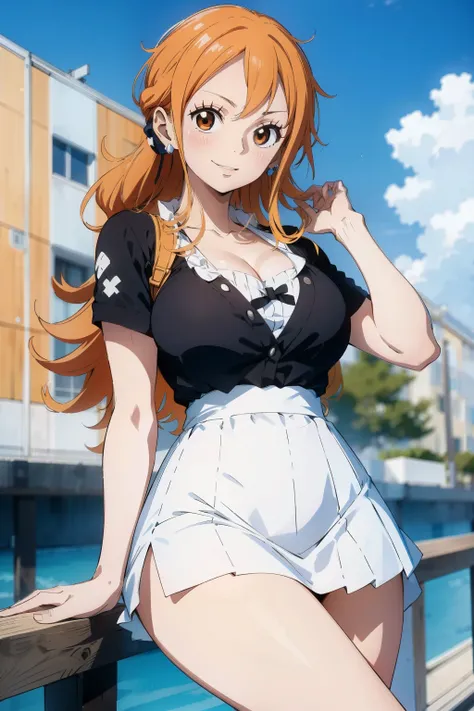 nami from one piece, LEWD, PERFECT CLIVAGE, Outdoors, ((wearing SKIRT showing her clivage)), PICTURE FROM FRONT, PERFECT BOOBS, WEARING SKIRT, ((Picture from Dynamic angles)), good anatomy, masterpiece, best quality, 4k, 8k, professional photography, soft ...