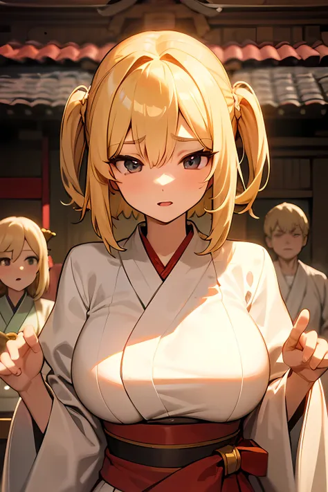 Blonde,medium hair highest quality, super high quality, 16k, Very detailed, 2.5D, Delicate and dynamic, Very delicate facial expression, Delicate eye depiction, Healthy body shape, 2 woman, One woman, Large, firm, swaying bust, Shrine maiden