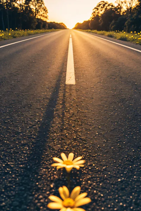 Road with clear background, sunny, few flowers next to the road, (high detail RAW photo), (Masterpiece, realistic, Heavy shadow, dramatic and film lighting, Key light, Fill light), clear focus, film grain, grain, Film flower, depth of field