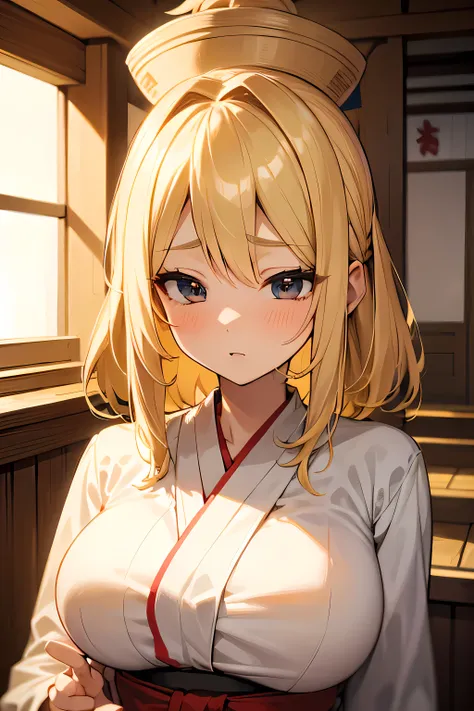 Blonde,medium hair highest quality, super high quality, 16k, Very detailed, 2.5D, Delicate and dynamic, Very delicate facial expression, Delicate eye depiction, Healthy body shape, 2 woman, One woman, Large, firm, swaying bust, Shrine maiden