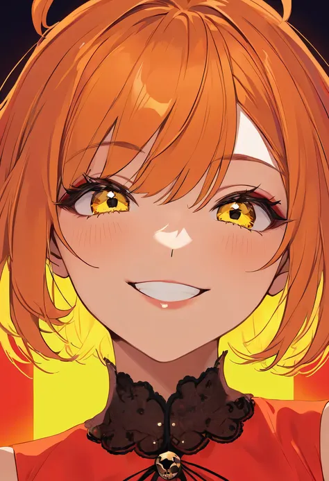 Cool adult woman、Short orange hair and yellow eyes、Bright Red Dress、Neon Background、Fearless Smile、(Face close-up)、Halloween