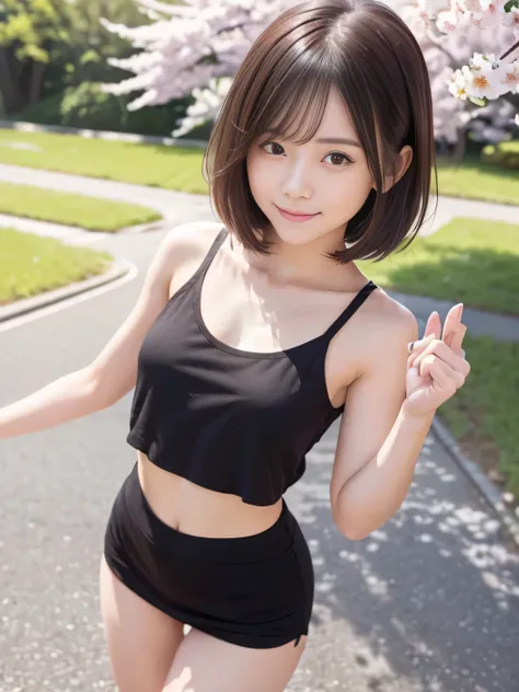 (Close-up of a girl with a slim figure, small breasts and short hair、She is wearing a slip-down one-shoulder tank top and a mini skirt. :1.5)、(The girl spreads her arms with a small smile、Hair fluttering in the wind :1.5)、(Cherry blossom trees in full bloo...