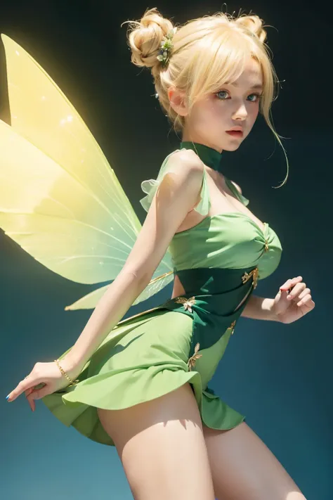 Cute girl, fairy, short blonde bun, blue eyes, big tits, tight green dress, short skirt, fairy wings