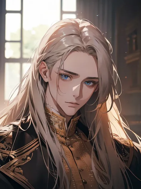 (best quality,4K,【8k,High resolution,artwork:1.2),Super detailed,([Reality,perfect face shape，no errors,Goethe-style，movie lighting，long hair，1 male，shy，gentle，Different colored eyes，palace room，Beautiful and perfect male character