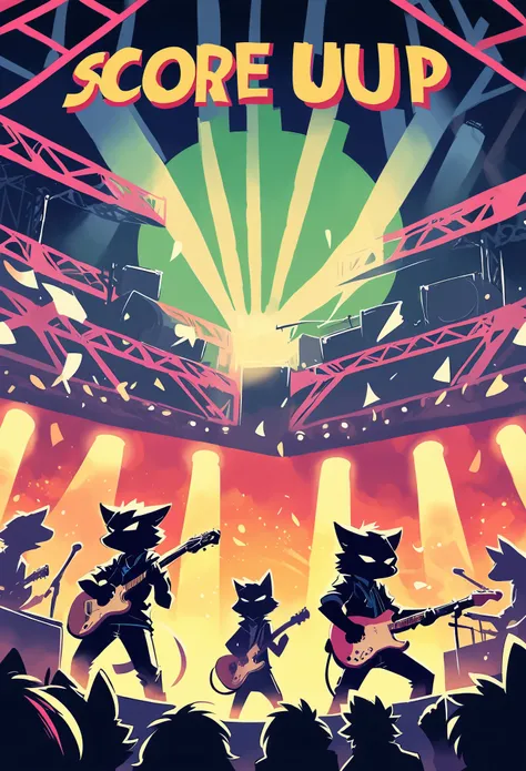 rating_safe, score_9, score_8_up, score_7_up, score_6_up, score_5_up, score_4_up, source_furry, highres, cover page, Rock Band Concerts, Musical instrument performance, Stage Performance, hot air, absurdres(kemono, 1boy, furry anthro)dramatic, epic, One sc...