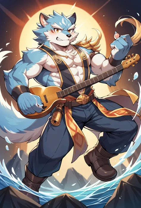 rating_safe, score_9, score_8_up, score_7_up, score_6_up, score_5_up, score_4_up, source_furry, highres, cover page, Rock Band Concerts, Musical instrument performance, Stage Performance, hot air, absurdres(kemono, 1boy, furry anthro)dramatic, epic, One sc...