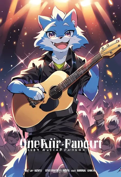 rating_safe, score_9, score_8_up, score_7_up, score_6_up, score_5_up, score_4_up, source_furry, highres, cover page, Rock Band Concerts, Musical instrument performance, Stage Performance, hot air, absurdres(kemono, 1boy, furry anthro)dramatic, epic, One sc...