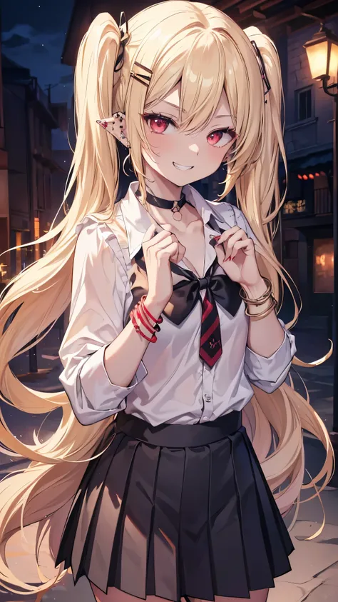 ((masterpiece、Best Quality、Very detailed))、One、improve、Blonde、Long Hair、twintails、Red eyes、evil smile、((Grin))、Pointed Ears、((lots of piercing))、Small breasts、((White collared shirt))、((clavicle))、bracelet、((Black pleated skirt))、Cowboy Shot、((night))、Alle...