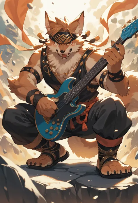 rating_safe, score_9, score_8_up, score_7_up, score_6_up, score_5_up, score_4_up, source_furry, highres, cover page, Rock Band Concerts, Musical instrument performance, Stage Performance, hot air, absurdres(kemono, 1boy, furry anthro)dramatic, epic, One sc...