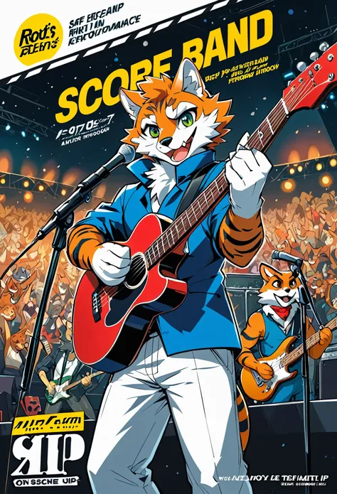 rating_safe, score_9, score_8_up, score_7_up, score_6_up, score_5_up, score_4_up, source_furry, highres, cover page, Rock Band Concerts, Musical instrument performance, Stage Performance, hot air, absurdres(kemono, 1boy, furry anthro)dramatic, epic, One sc...