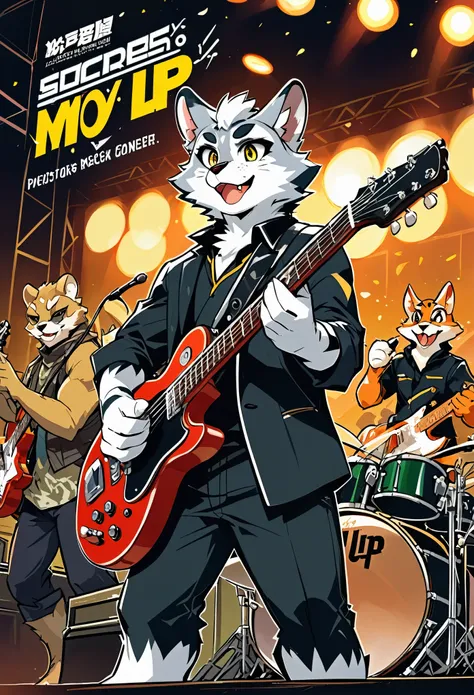 rating_safe, score_9, score_8_up, score_7_up, score_6_up, score_5_up, score_4_up, source_furry, highres, cover page, Rock Band Concerts, Musical instrument performance, Stage Performance, hot air, absurdres(kemono, 1boy, furry anthro)dramatic, epic, One sc...