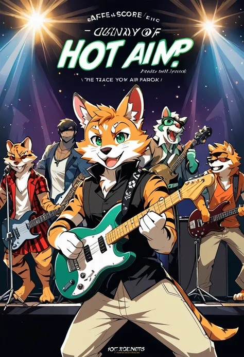 rating_safe, score_9, score_8_up, score_7_up, score_6_up, score_5_up, score_4_up, source_furry, highres, cover page, Rock Band Concerts, Musical instrument performance, Stage Performance, hot air, absurdres(kemono, 1boy, furry anthro)dramatic, epic, One sc...