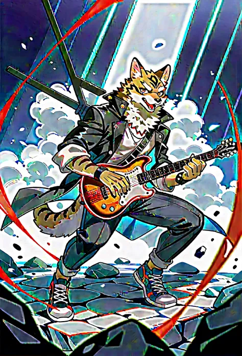 rating_safe, score_9, score_8_up, score_7_up, score_6_up, score_5_up, score_4_up, source_furry, highres, cover page, Rock Band Concerts, Musical instrument performance, Stage Performance, hot air, absurdres(kemono, 1boy, furry anthro)dramatic, epic, One sc...