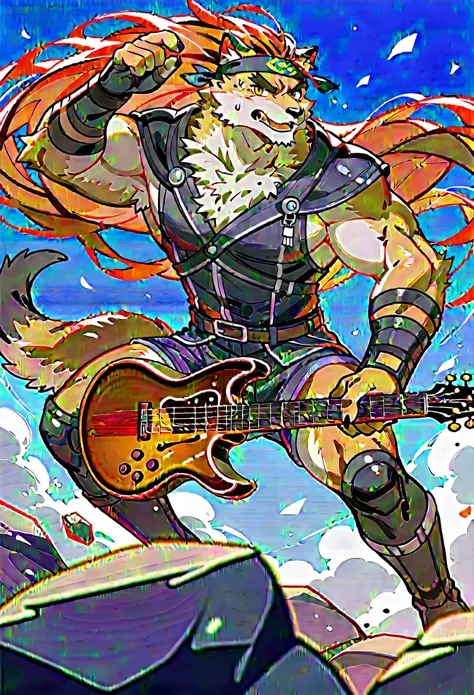 rating_safe, score_9, score_8_up, score_7_up, score_6_up, score_5_up, score_4_up, source_furry, highres, cover page, Rock Band Concerts, Musical instrument performance, Stage Performance, hot air, absurdres(kemono, 1boy, furry anthro)dramatic, epic, One sc...