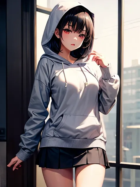 medium breasts,black hair, medium hair, red eyes, ((masterpiece)),gray_Hooded Sweatshirt,gray_mini skirt,hood down,Beautiful girls,Very beautiful face and eyes,break,