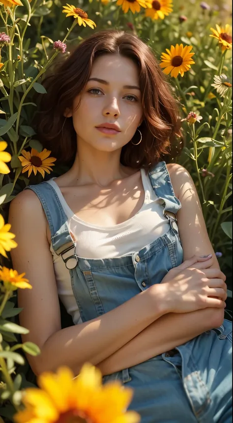 impressionistic, photorealistic, hyperrealistisch, A woman, with short dark red hair, freckles, Slight smile, rotes V Shirt, off-the-shoulder, belly-free, short jeans, barefoot, Flower wreath in the hair, is located in a flower meadow. Mohnblumen, Lavender...