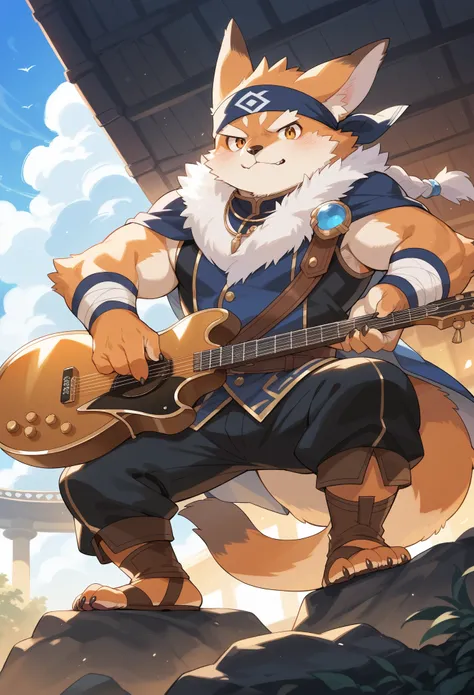 rating_safe, score_9, score_8_up, score_7_up, score_6_up, score_5_up, score_4_up, source_furry, highres, cover page, Rock Band Concerts, Musical instrument performance, Stage Performance, hot air, absurdres(kemono, 1boy, furry anthro)dramatic, epic, One sc...