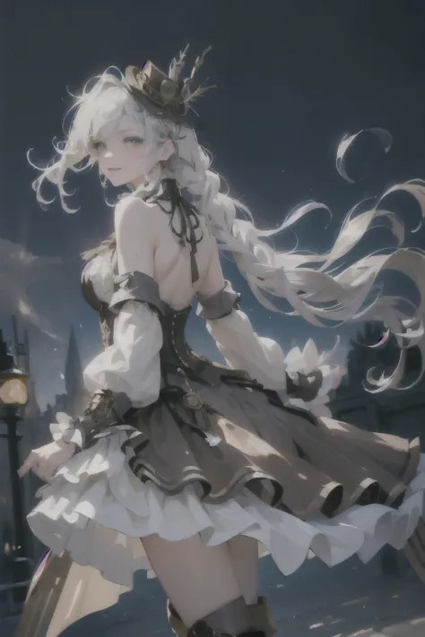 ((steampunk:1.5))(Background: London at night))((alone、A woman wearing a long halter dress、Elegant woman posing:1.4、Detailed face、Bright expression、Younger, brighter, whiter skin、Best Looks、The ultimate beauty、Silver hair with dazzling highlights、Shiny bri...