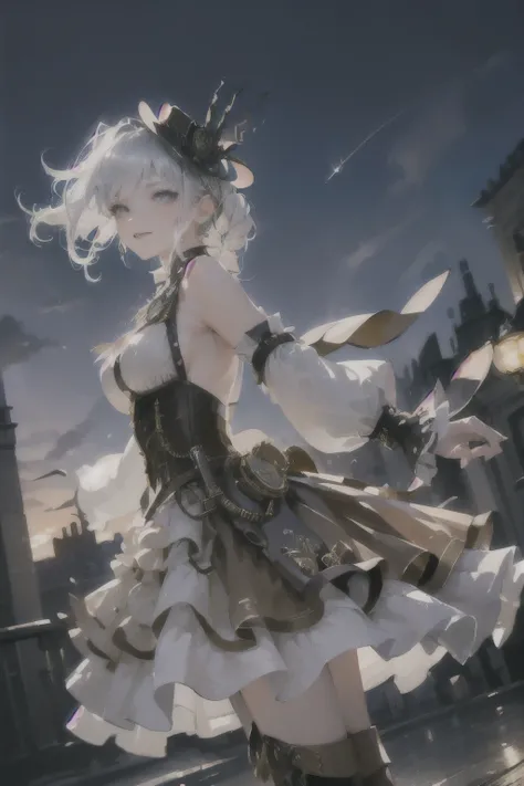 ((steampunk:1.5))(Background: London at night))((alone、A woman wearing a long halter dress、Elegant woman posing:1.4、Detailed face、Bright expression、Younger, brighter, whiter skin、Best Looks、The ultimate beauty、Silver hair with dazzling highlights、Shiny bri...