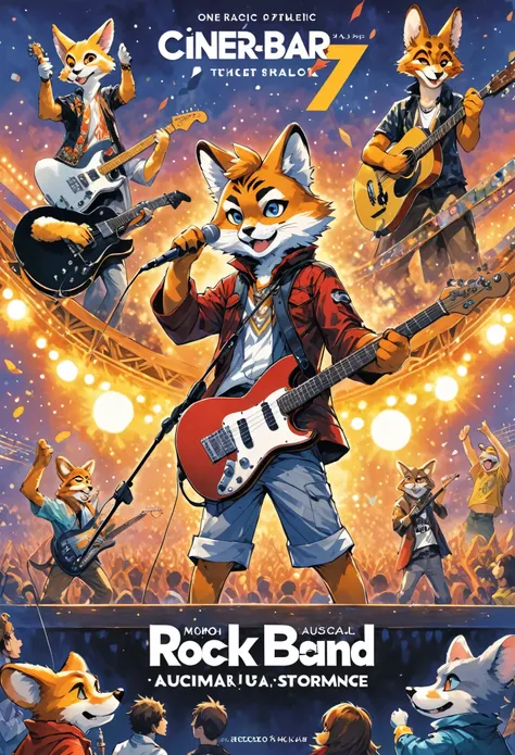 rating_safe, score_9, score_8_up, score_7_up, score_6_up, score_5_up, score_4_up, source_furry, highres, cover page, Rock Band Concerts, Musical instrument performance, Stage Performance, hot air, absurdres(kemono, 1boy, furry anthro)dramatic, epic, One sc...