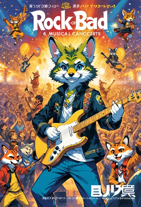 rating_safe, score_9, score_8_up, score_7_up, score_6_up, score_5_up, score_4_up, source_furry, highres, cover page, Rock Band Concerts, Musical instrument performance, Stage Performance, hot air, absurdres(kemono, 1boy, furry anthro)dramatic, epic, One sc...