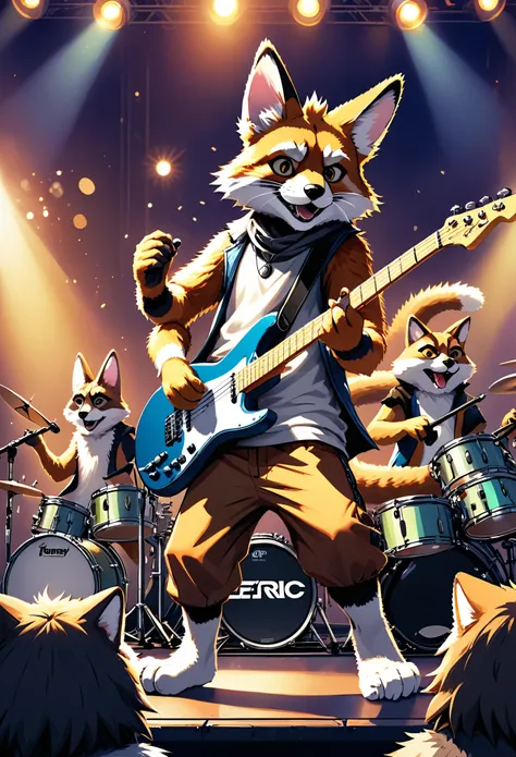 rating_safe, score_9, score_8_up, score_7_up, score_6_up, score_5_up, score_4_up, source_furry, highres, cover page, Rock Band Concerts, Musical instrument performance, Stage Performance, hot air, absurdres(kemono, 1boy, furry anthro)dramatic, epic, One sc...