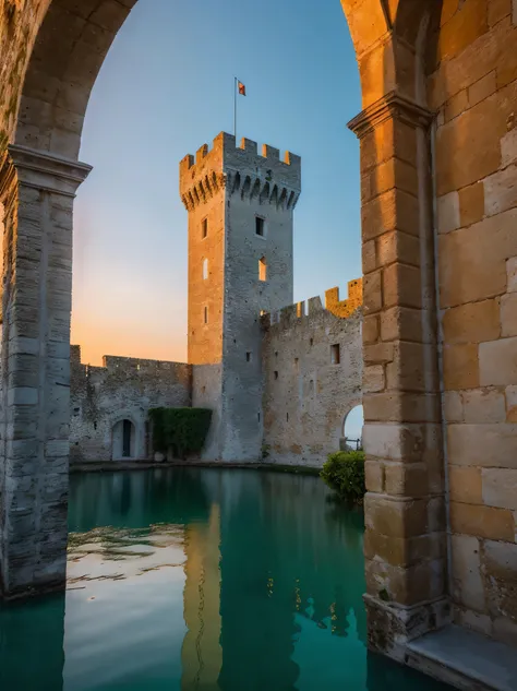 shows Sirmione Castle, Lake Garda, Italy at sunset with a warm light, very detailed, super realistic, Canon EOS R6, reflections of the castle in the water,