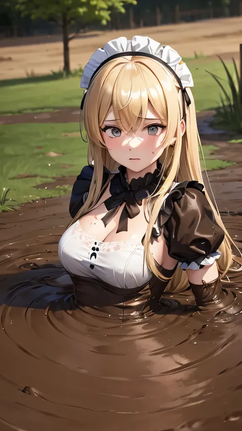 best quality,ultra-detailed illustration anime style,1girl,maid outfit,sinking in brown mud,her body sank to her Breasts  white long hair,determined expression,intense eyes,dynamic angle, her chest bigsize 4K resolution,muddytexture,muddy splashes,dramatic...