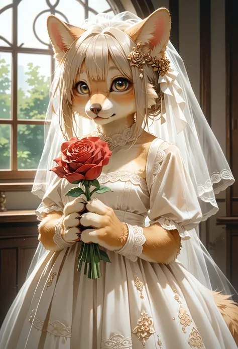 rating_safe, score_9, score_8_up, score_7_up, score_6_up, score_5_up, score_4_up, source_furry, highres, e621, cover page, Watercolor, 1girl, kemono, furry, detailed body fur, animal face, animal hand, angelic cute girl in wedding dress holding a red rose ...