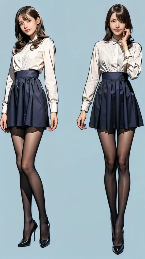 ((masterpiece)),(((Highest quality))),((Character design sheet)),Thin thighs,Long legs,Bunny girl in a light blue maid outfit:1.5，Wearing light blue tights:1.5，The best smile:1.5，Full Body Shot:1.5，Gray background:1.5，Wearing black high heels:1.5，short sid...