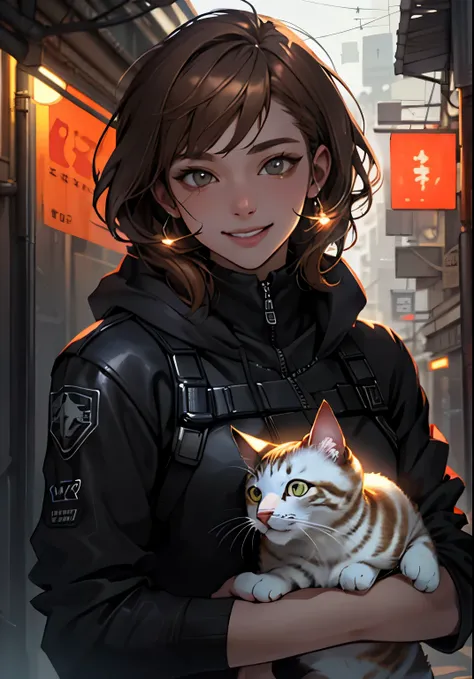 Very detailed, High resolution, Very detaileded, Best Quality, wonderful, Best Quality, Highly detailed CG Unity 8K wallpaper, Cinema Lighting, cat lover, Cyberpunk, Brown Hair.smile.