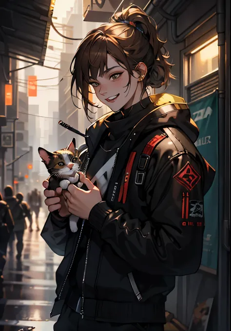 Very detailed, High resolution, Very detaileded, Best Quality, wonderful, Best Quality, Highly detailed CG Unity 8K wallpaper, Cinema Lighting, cat lover, Cyberpunk, Brown Hair.smile.