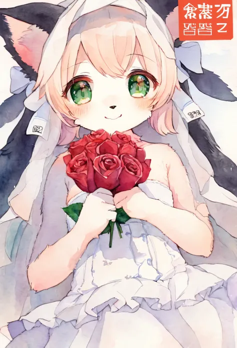 rating_safe, score_9, score_8_up, score_7_up, score_6_up, score_5_up, score_4_up, source_furry, highres, e621, cover page, Watercolor, 1girl, kemono, furry, detailed body fur, animal face, animal hand, angelic cute girl in wedding dress holding a red rose ...