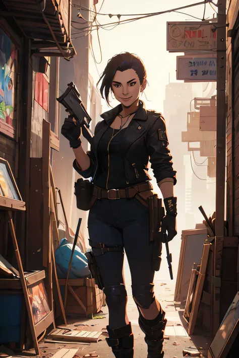 ((Best Quality)), ((masterpiece)), (detailed), ((best quality)),((masterpiece)),Cyberpunk art、American comic book style illustration、American Comics、One woman、Black jacket、Food Up、Hold the gun up、Gloves,8k,front、A light smile、Looking at the camera
