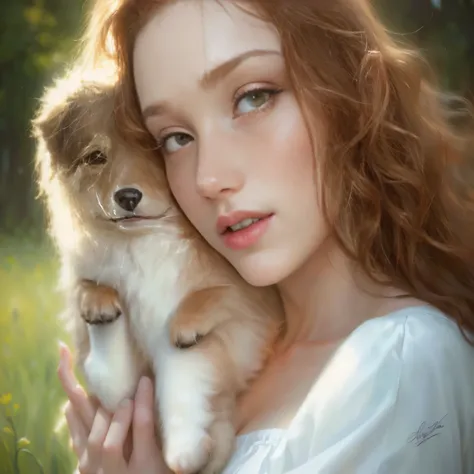 Photorealistic, Hyperrealistic, a young woman, with dark red hair, freckles, slight smile, woman holding a puppy in her arms in a field, soft portrait, digital airbrush oil painting, in the style of an oil painting, digital art. Photorealistic, inspired by...