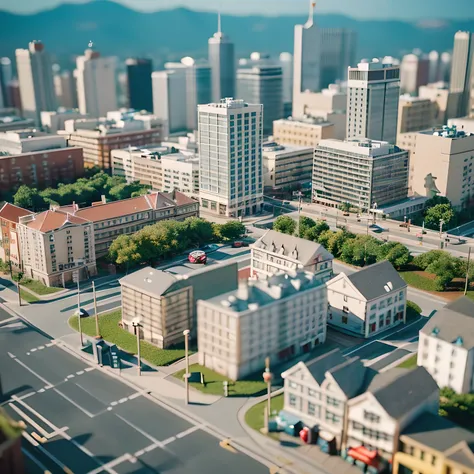 Miniature Photography, Miniature set, Miniature/Diorama Style, A miniature cityscape, Miniature diorama style town, ((Tilt-shift photography, photograph with a tilt-shift lens:1.3, Shot with a Perspective Control Lens:1.3)) 