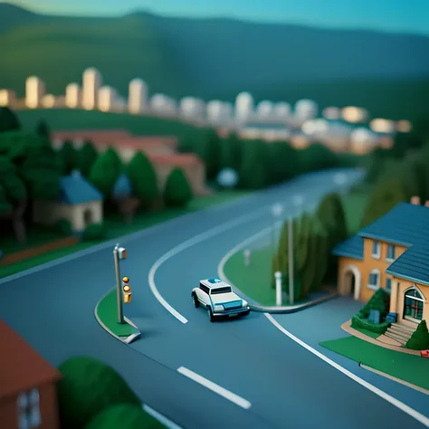 Miniature Photography, Miniature set, Miniature/Diorama Style, A miniature cityscape, Miniature diorama style town, Miniature Car, ((Tilt-shift photography, photograph with a tilt-shift lens:1.3, Shot with a Perspective Control Lens:1.3)), ((highest qualit...