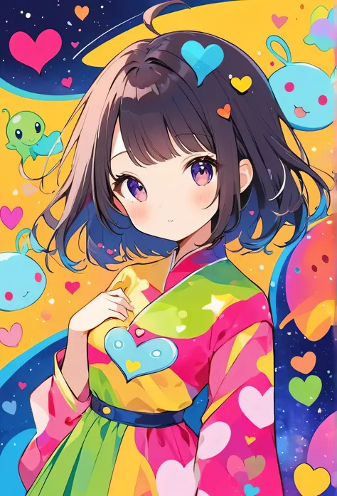 Machiko Satonakau colorfull style, Simple Line Initialism，Abstract art，(((The most beautiful girl of all time))), Sweet face. colorful hearts, funny design, (((bosom buddy ))), (((Cute Aliens))), The background is space