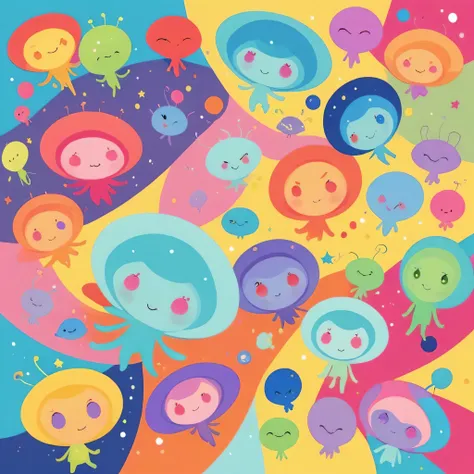 Machiko Satonaka colorfull style, Simple Line Initialism，Abstract art, girls, funny design, (((Cute Aliens))), The background is space