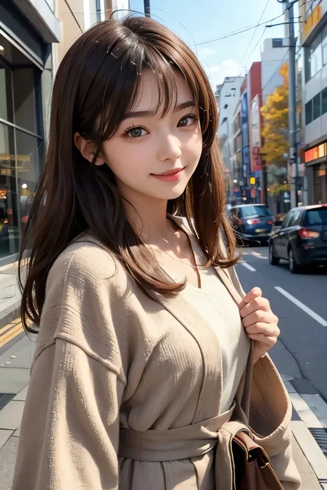 Upper body close-up image.A beautiful Japanese woman. Twenty years old. Light brown hair. She is smiling and looking at the camera. She is wearing fashionable autumn clothes. She is in the city.