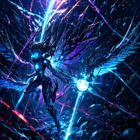 Cosmic Fallen Angel, glowing light eyes, Biomechanical, eerie, Creepy, nightmarish, Very bright colors, Light particles, with light glowing, Mshiff, wallpaper art, UHD wallpaper, anakil skywalker, 15 years, medieval clothes