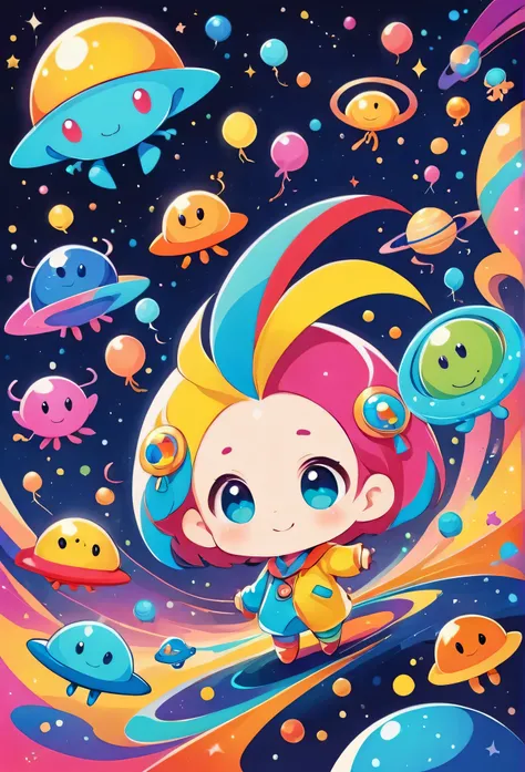 Fujio Akatsuka colorfull style, Simple Line Initialism，Abstract art, girls, funny design, (((Cute Aliens))), The background is space